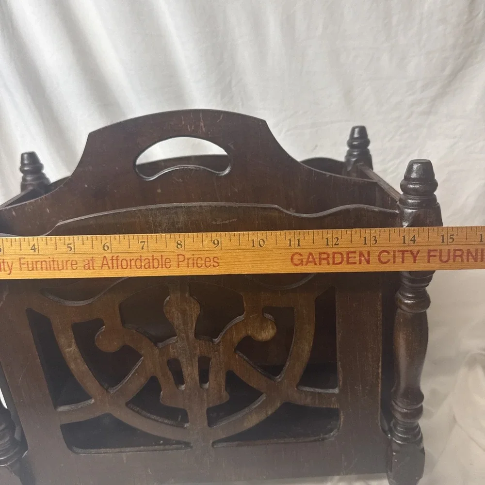 Vintage MCM Ornate Wood Magazine Rack 40's Fretwork Spindles Records Towels Deco